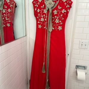 Elegant Moroccan Red Floral Embroidered Dress